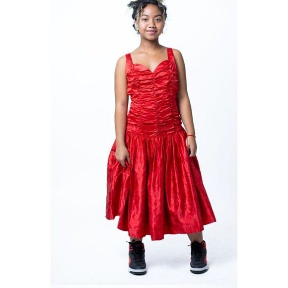 Gunne Sax By Jessica McClintock  Dress Vintage Red Ruched Bubble Open Back Small - Picture 1 of 16